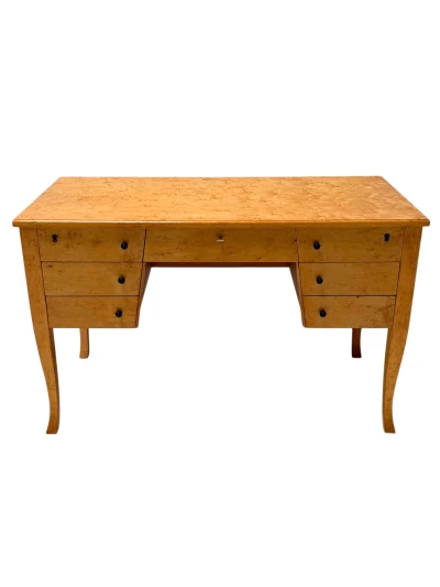 Art Deco Desk in Birdseye Maple, Swedish Design, 1940s, 7 Drawers